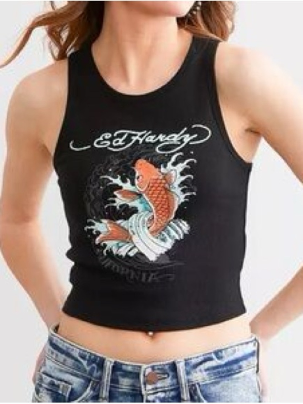 Ed Hardy Black Tank with Orange Koi and White Wave Graphic